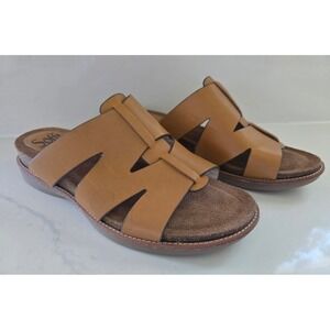 Sofft Womens Tan Leather Slide Sandals SF0059305 Low Wedge Open Toe Size 8M